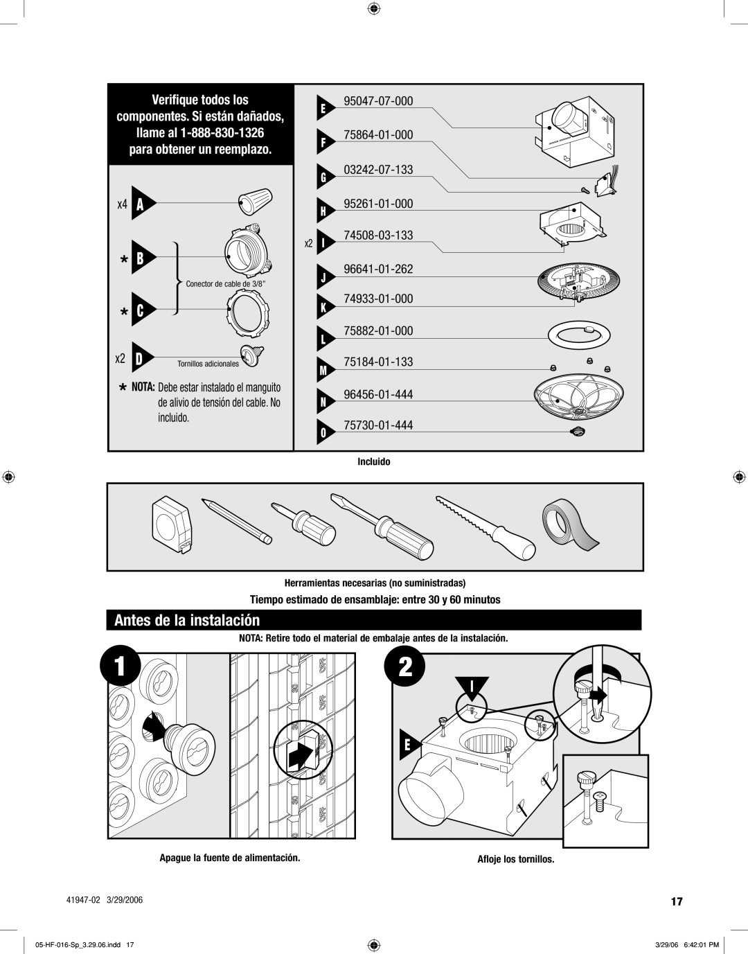 Hunter Fan 82006 manual Antes de la instalación, Verifique todos los 