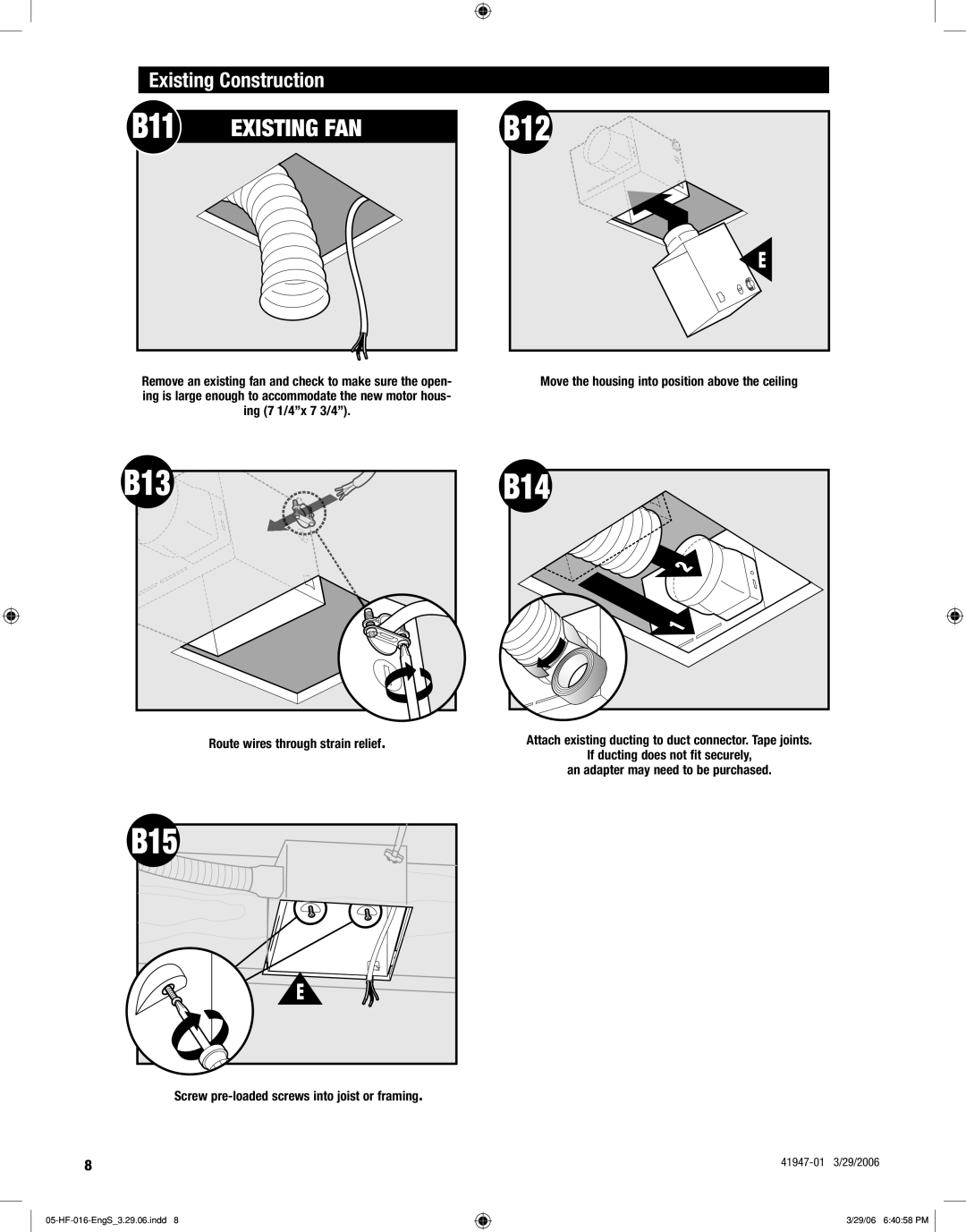 Hunter Fan 82006 manual B11, B12, B13, B15, Existing Construction 