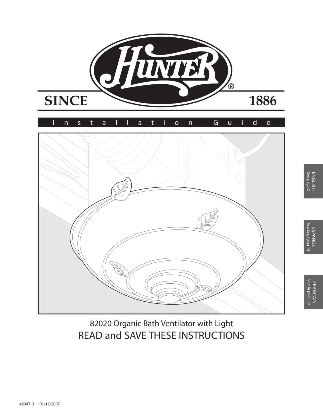 Hunter Fan 42947-01, 82020 manual Installation I d e 