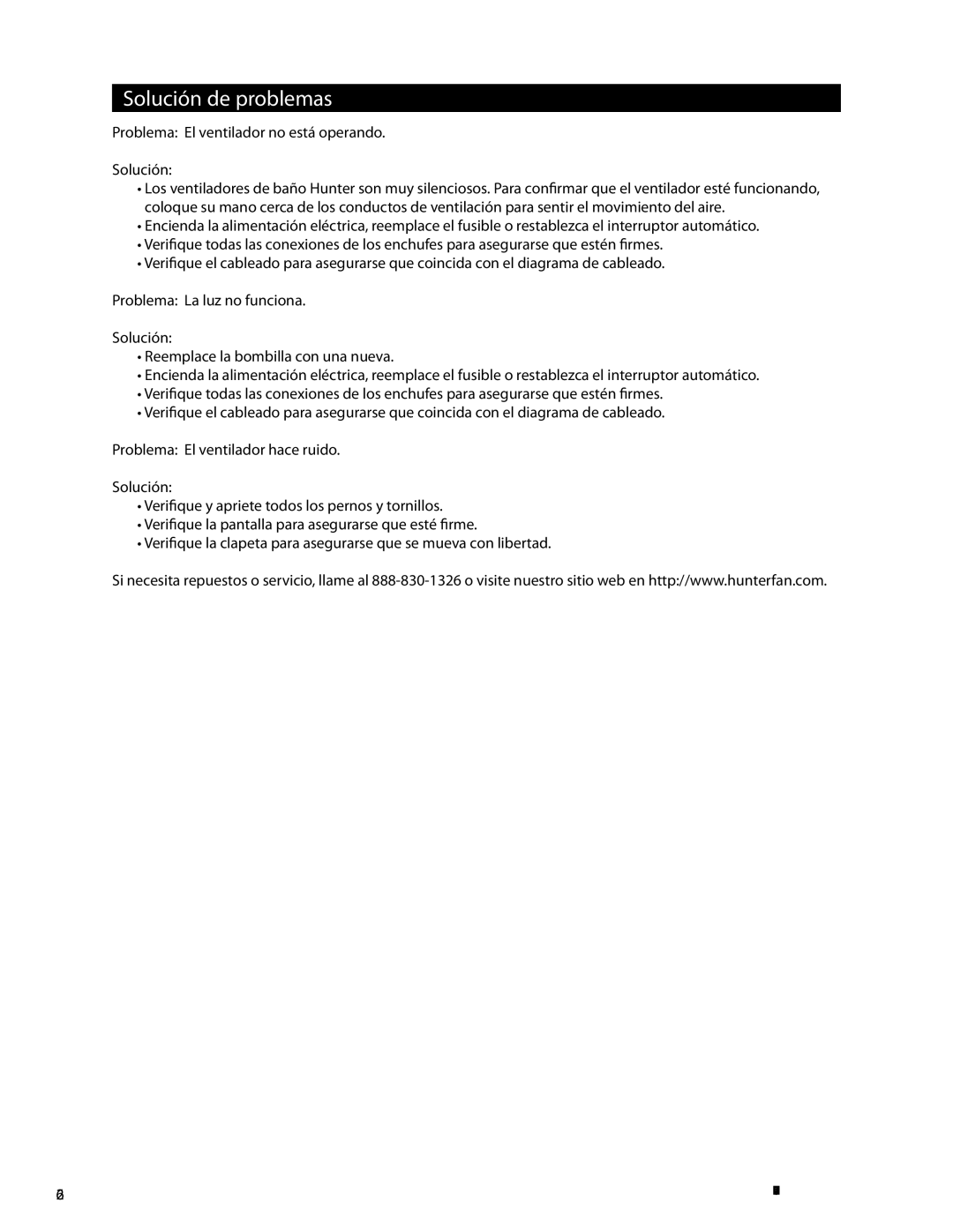 Hunter Fan 82020, 42947-01 manual Solución de problemas, Problema El ventilador no está operando Solución 