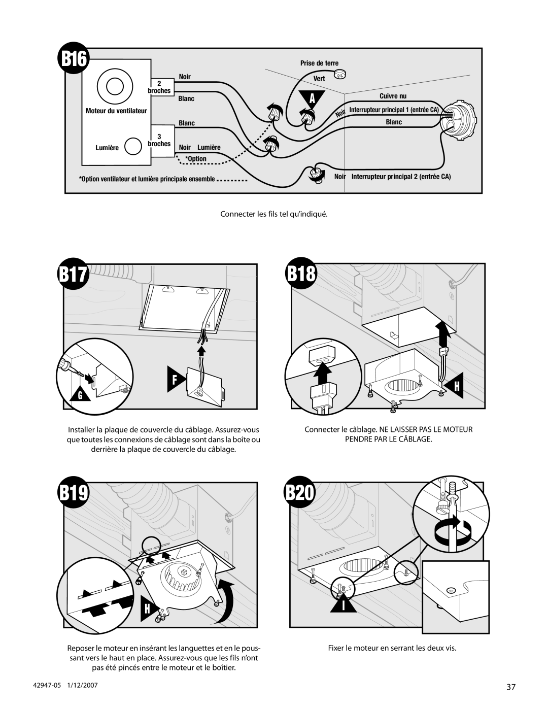Hunter Fan 42947-01, 82020 manual B16, B17 B18, B19 