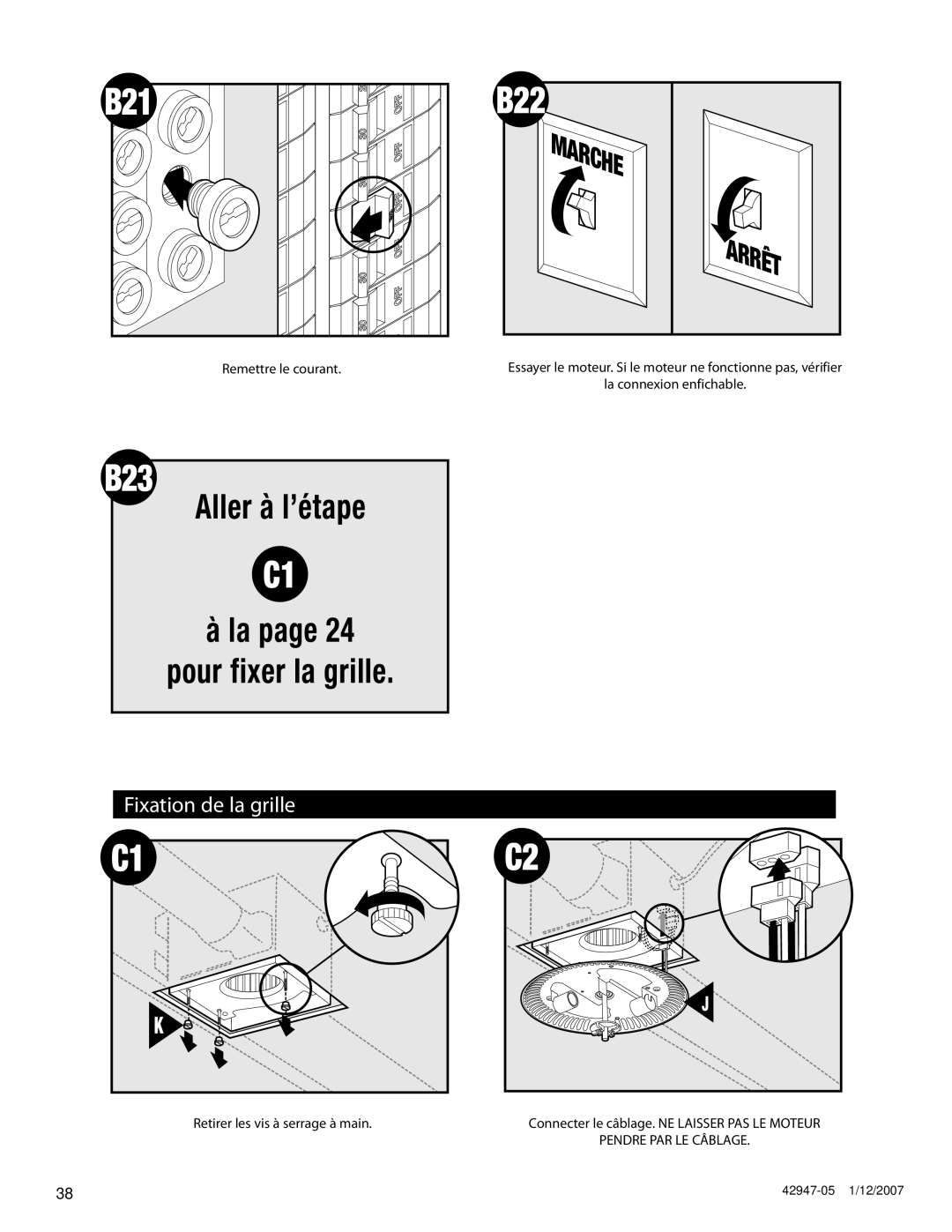 Hunter Fan 82020, 42947-01 manual B22, B23, Fixation de la grille 