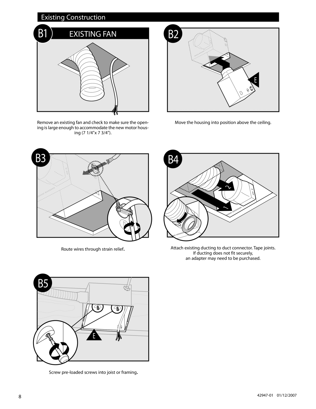 Hunter Fan 82020, 42947-01 manual Existing FAN, Existing Construction 