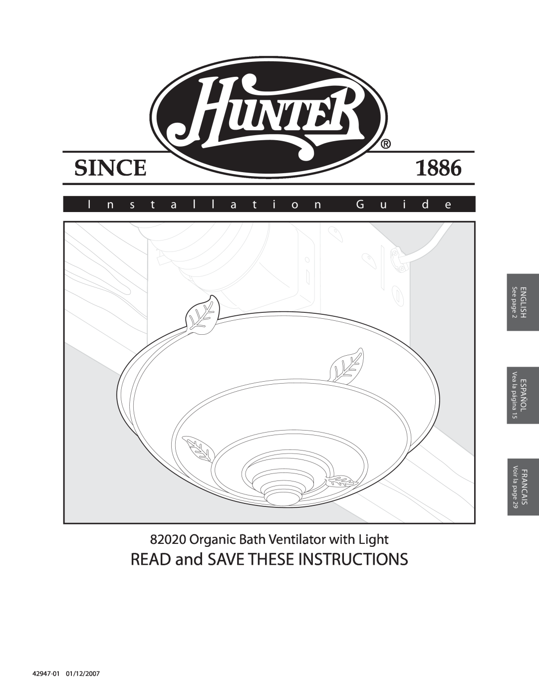 Hunter Fan 42947-01 manual READ and SAVE THESE INSTRUCTIONS, Organic Bath Ventilator with Light, I n s t a l l a t i o n 