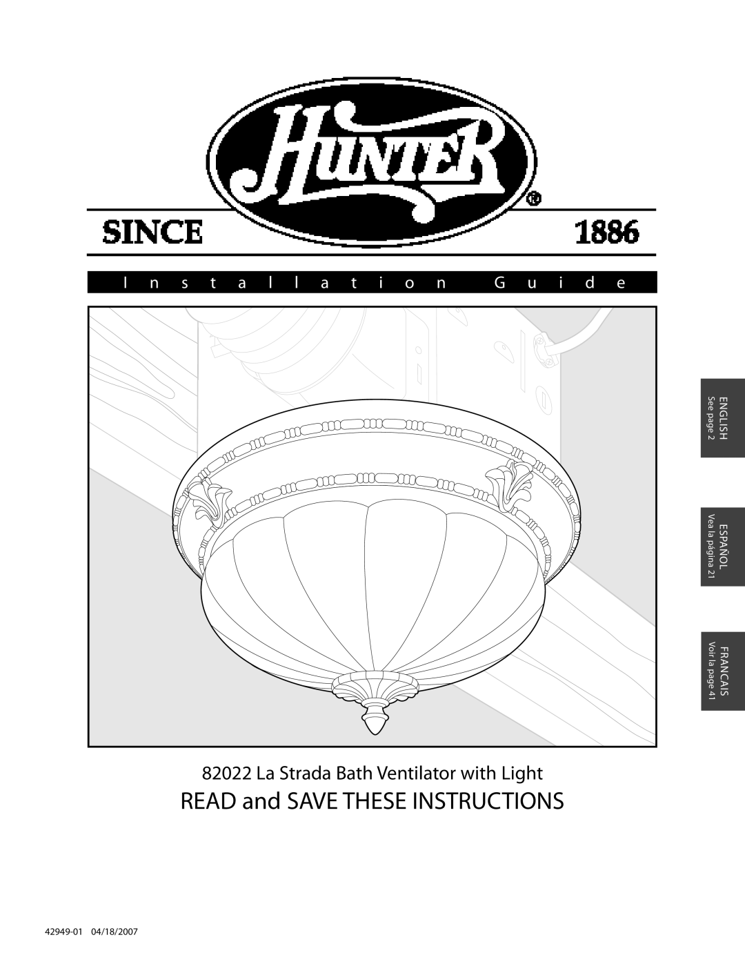 Hunter Fan 82022 manual Installation I d e 