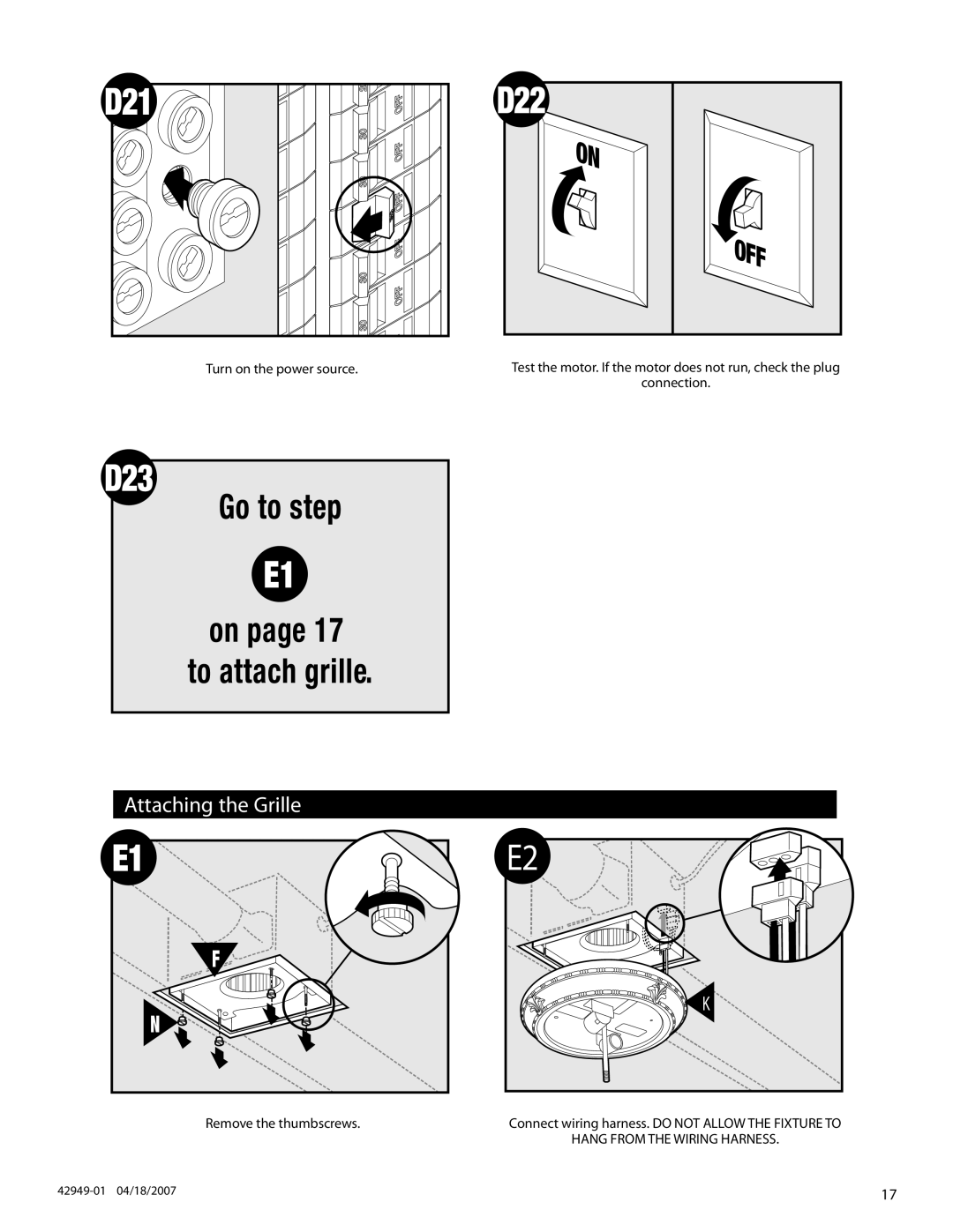 Hunter Fan 82022 manual D22, D23, Attaching the Grille 