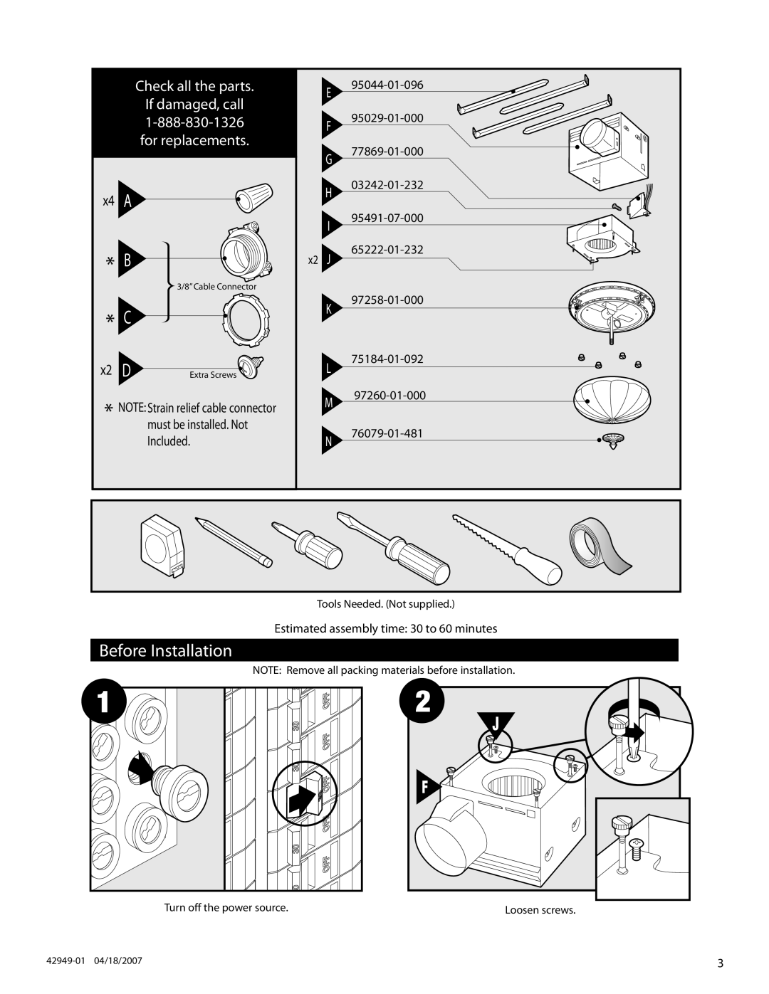 Hunter Fan 82022 manual Before Installation, Check all the parts If damaged, call For replacements 