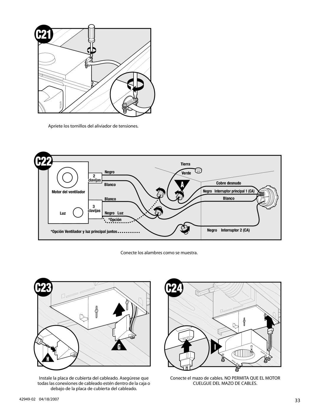 Hunter Fan 82022 manual Apriete los tornillos del aliviador de tensiones 