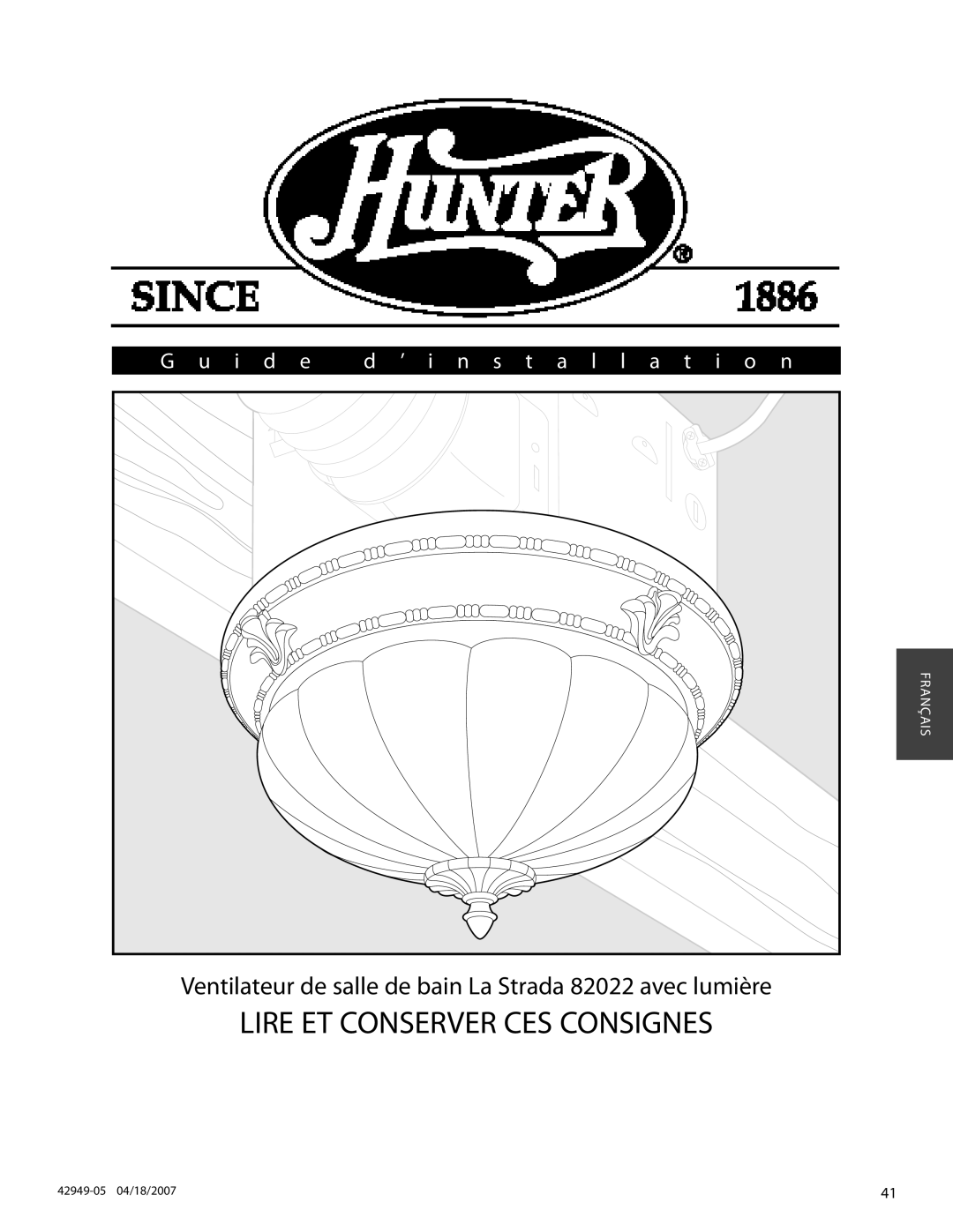 Hunter Fan 82022 manual I d e ’ Installation 