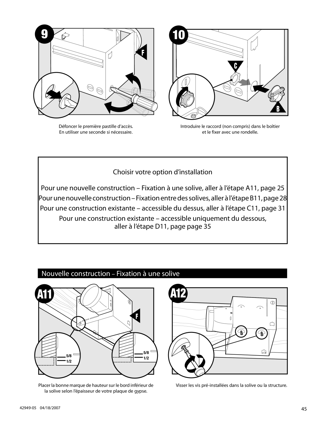 Hunter Fan 82022 manual Nouvelle construction Fixation à une solive, Choisir votre option d’installation 