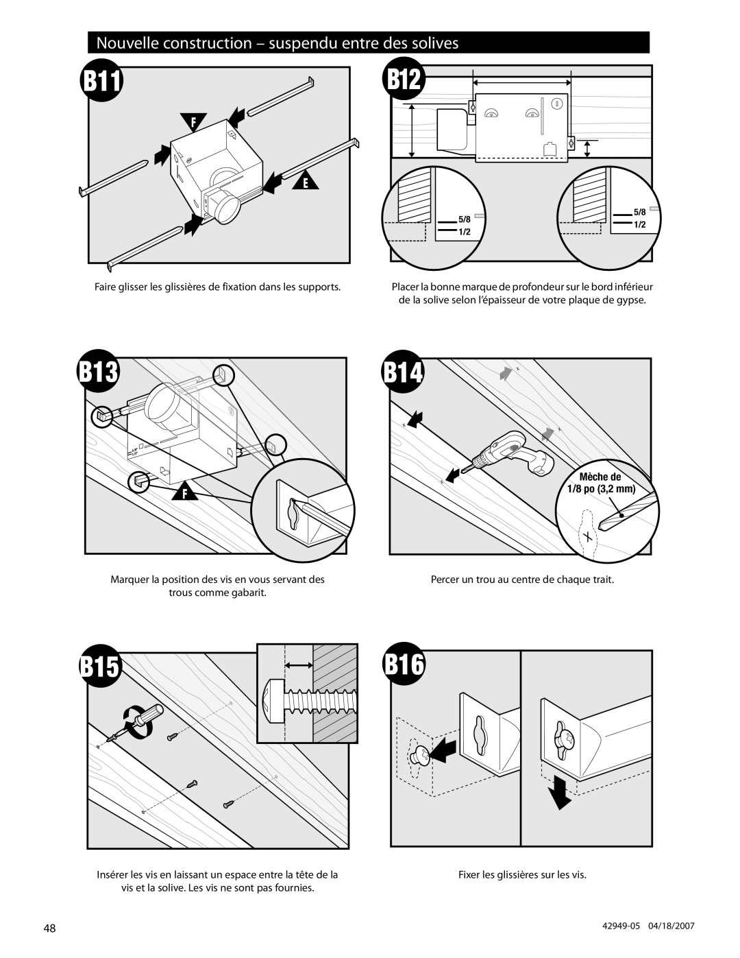 Hunter Fan 82022 manual B11, Nouvelle construction suspendu entre des solives 