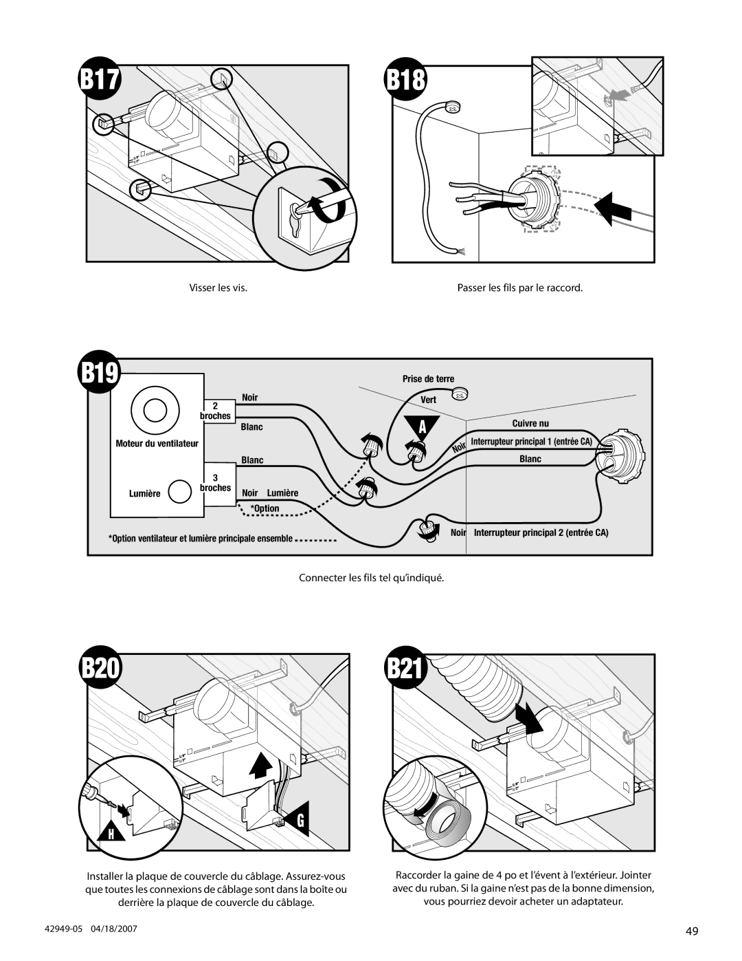 Hunter Fan 82022 manual Visser les vis Passer les fils par le raccord 