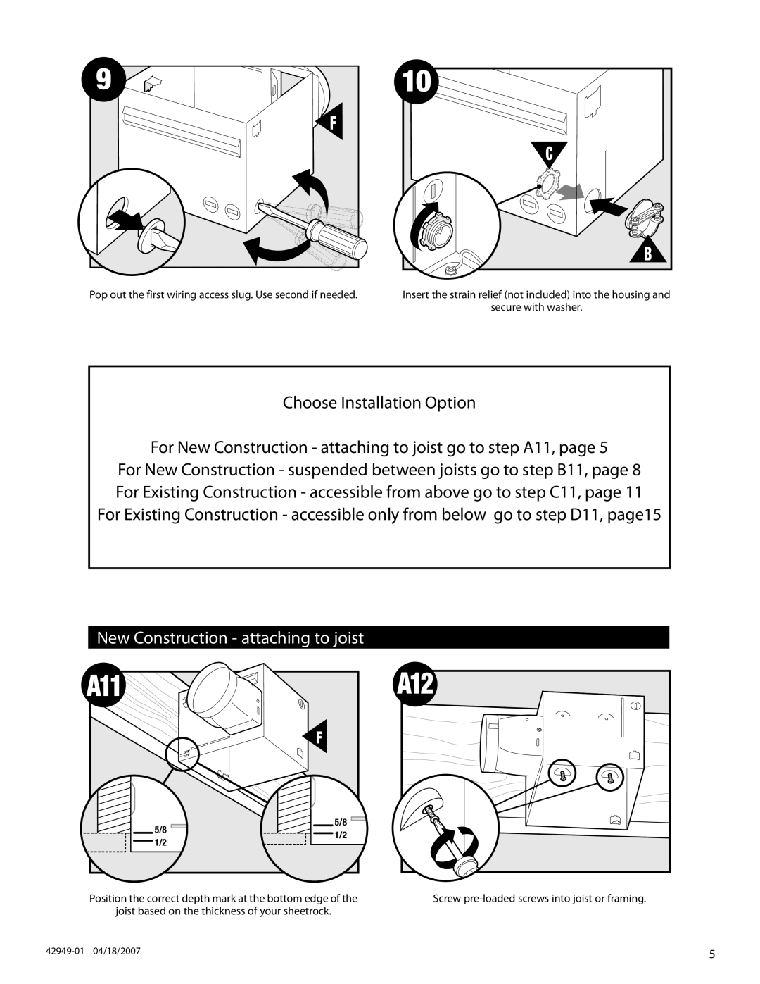 Hunter Fan 82022 manual A11, New Construction attaching to joist 