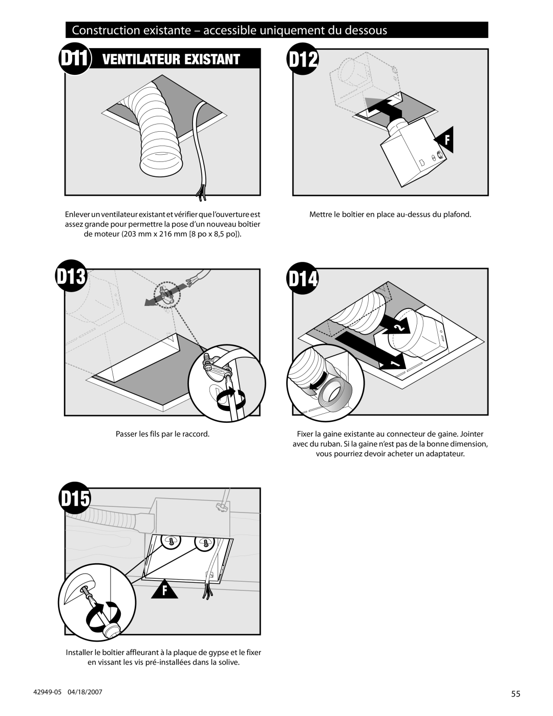 Hunter Fan 82022 manual D12, Construction existante accessible uniquement du dessous 