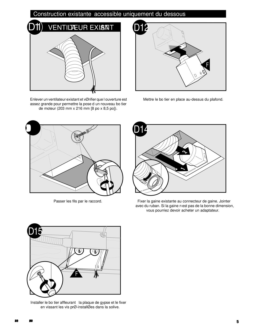 Hunter Fan 82023 manual D12, Construction existante accessible uniquement du dessous 