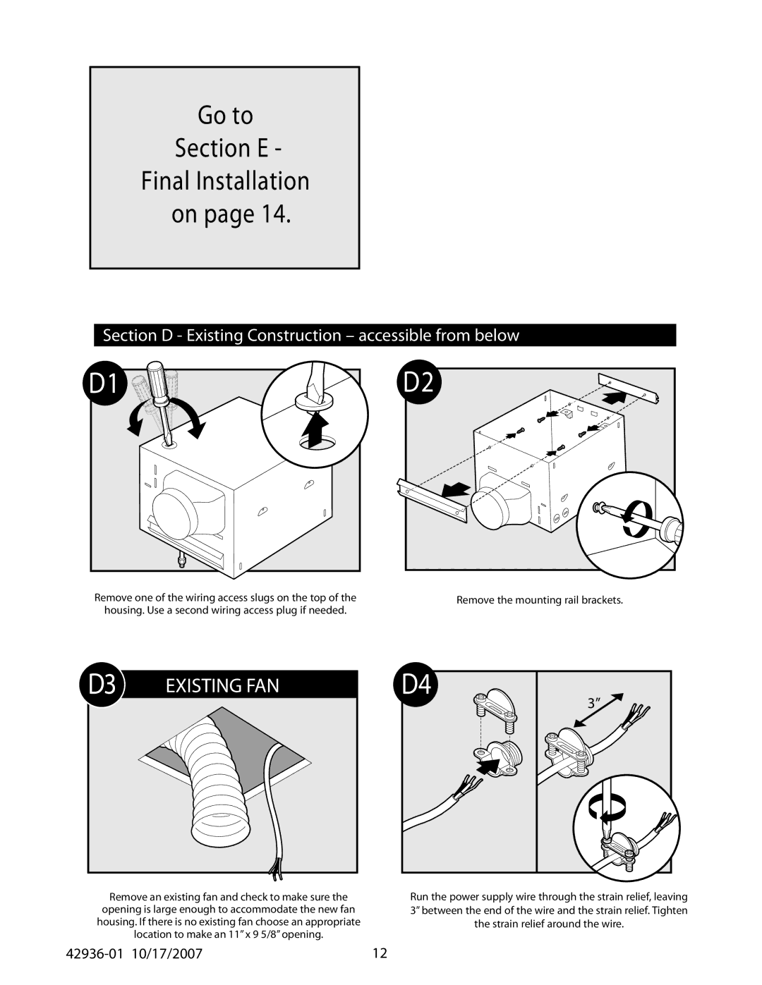 Hunter Fan 82041, 82042, 82040 manual D1 D2, Section D Existing Construction accessible from below 