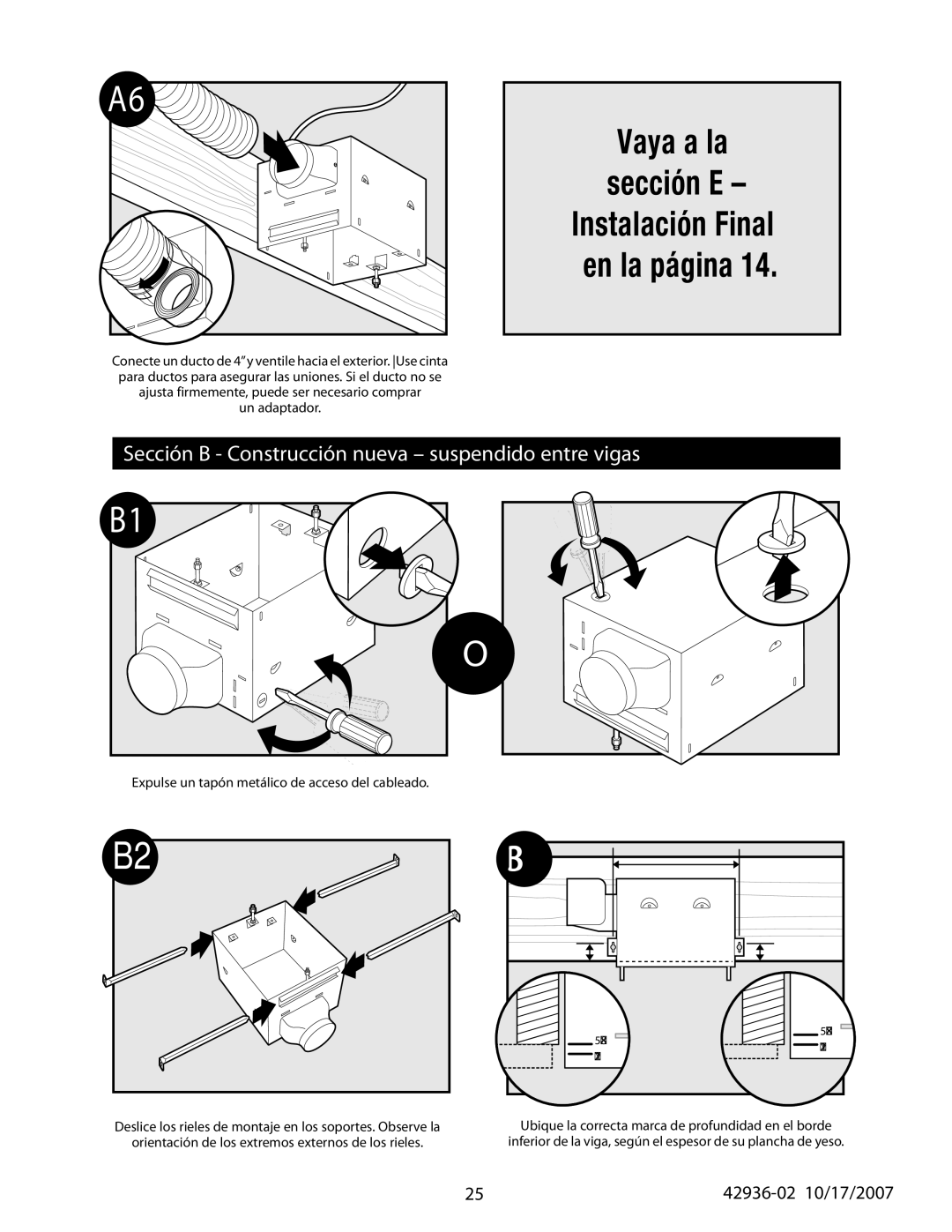 Hunter Fan 82042 Vaya a la sección E Instalación Final en la página, Sección B Construcción nueva suspendido entre vigas 