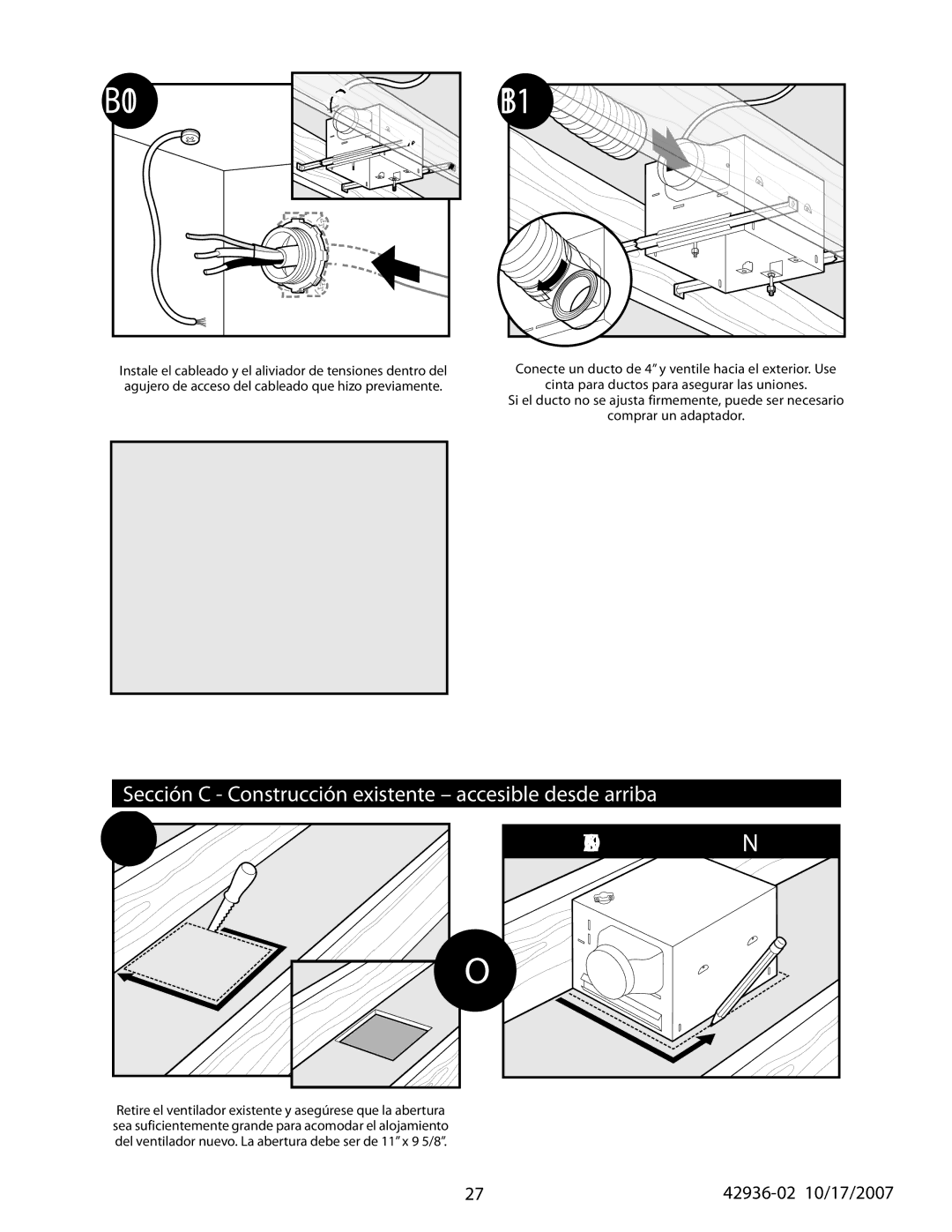 Hunter Fan 82041, 82042, 82040 manual B10 B11, Sección C Construcción existente accesible desde arriba 