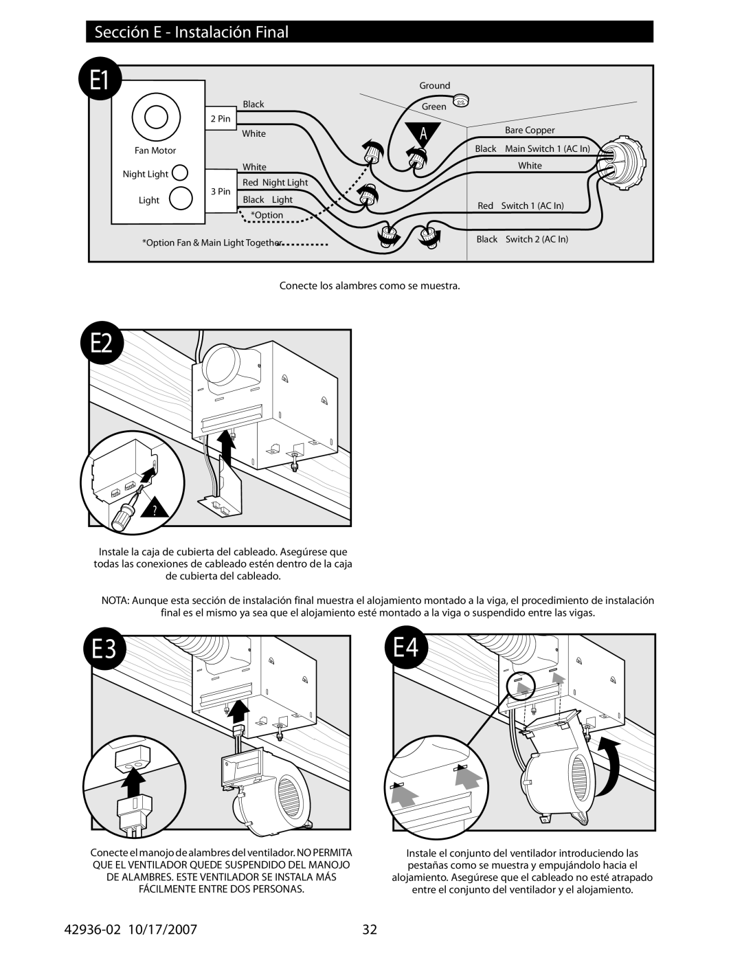 Hunter Fan 82040, 82041, 82042 manual Sección E Instalación Final 