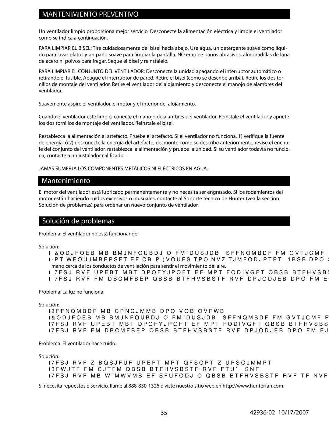 Hunter Fan 82040, 82041, 82042 manual Mantenimiento, Solución de problemas 