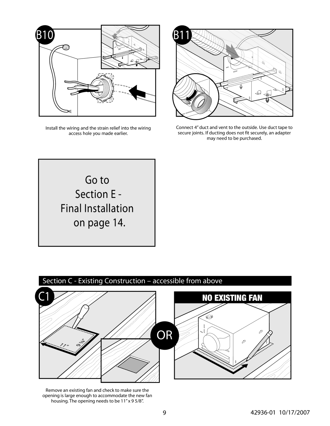 Hunter Fan 82041, 82042, 82040 manual B10 B11, Section C Existing Construction accessible from above 