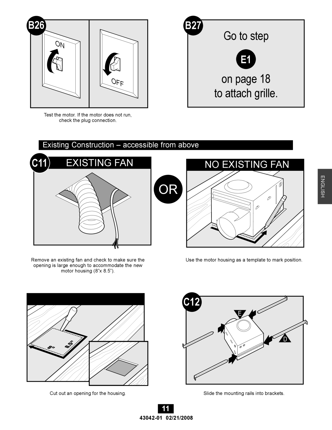 Hunter Fan 43042-01, 82048 manual B26 B27, C12, Existing Construction accessible from above 