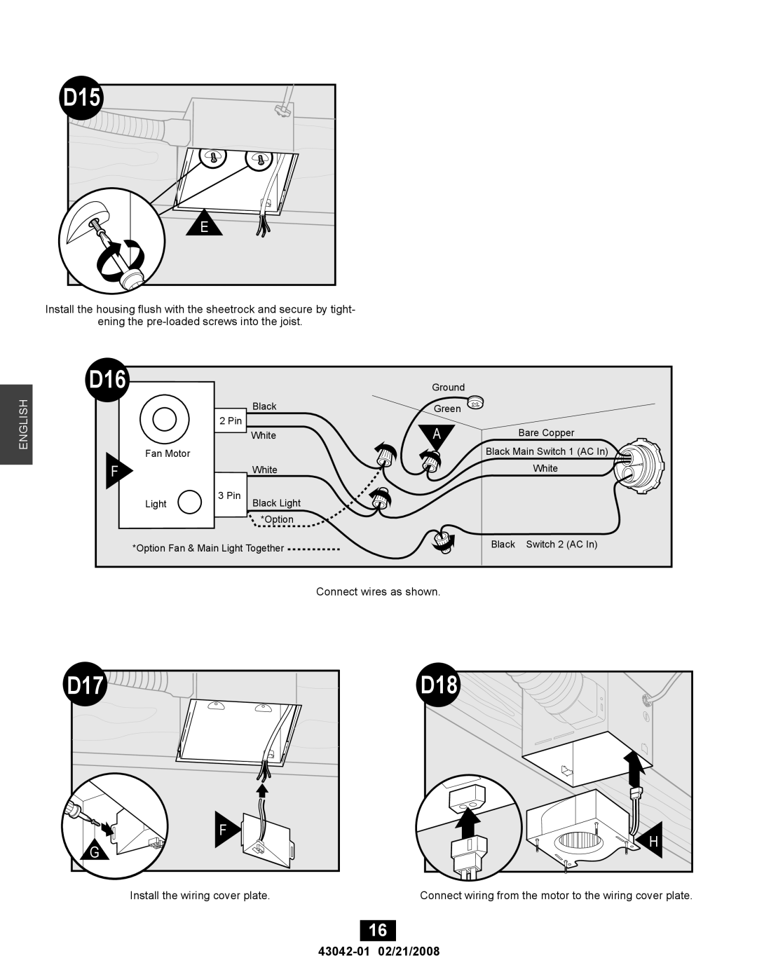 Hunter Fan 82048, 43042-01 manual D15, D16, D17, D18 
