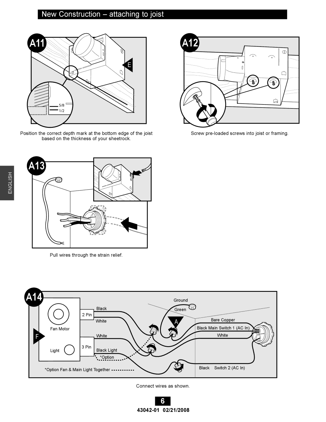 Hunter Fan 82048, 43042-01 manual A13, A12, A14, New Construction attaching to joist 