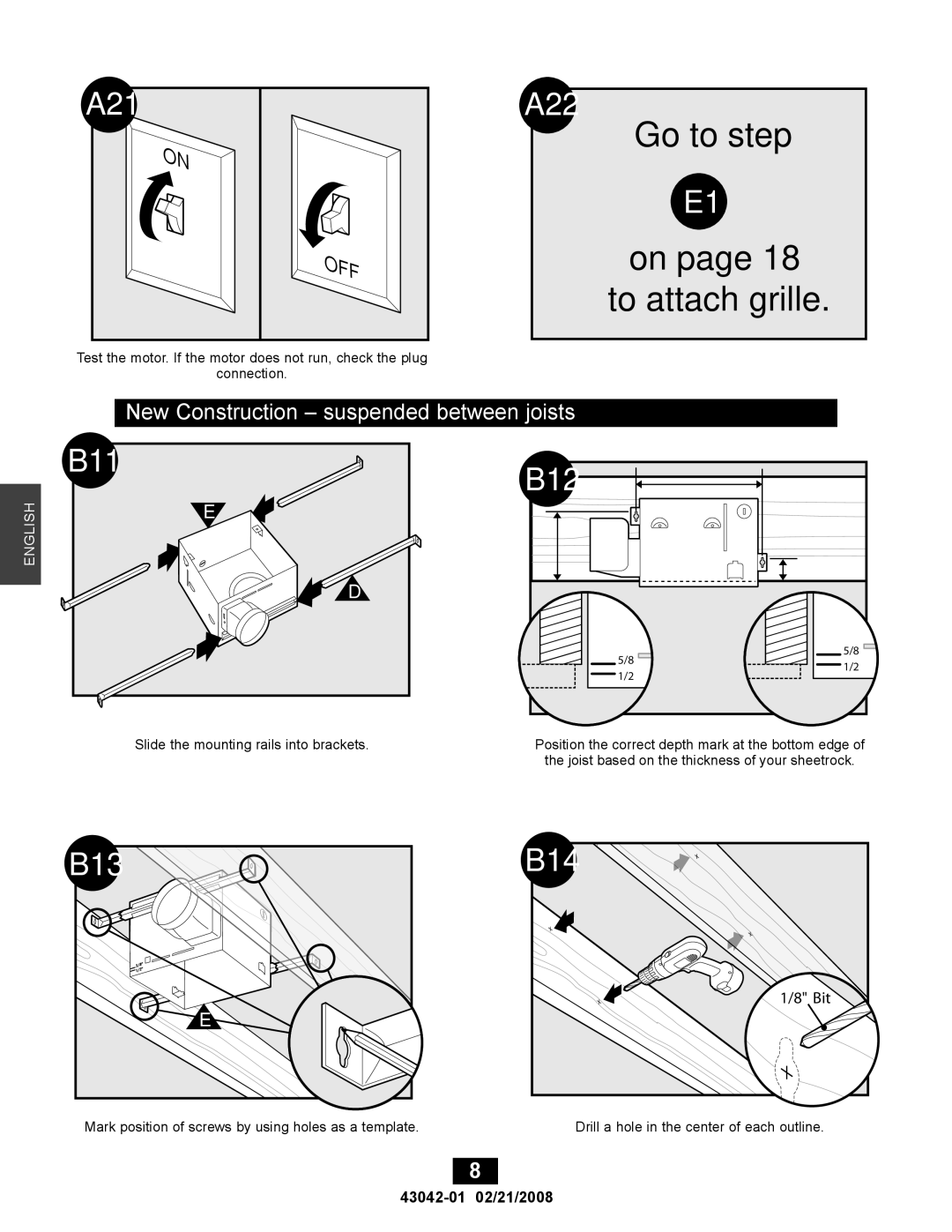 Hunter Fan 82048, 43042-01 manual A21 A22, B11, B12, B13 B14, New Construction suspended between joists 