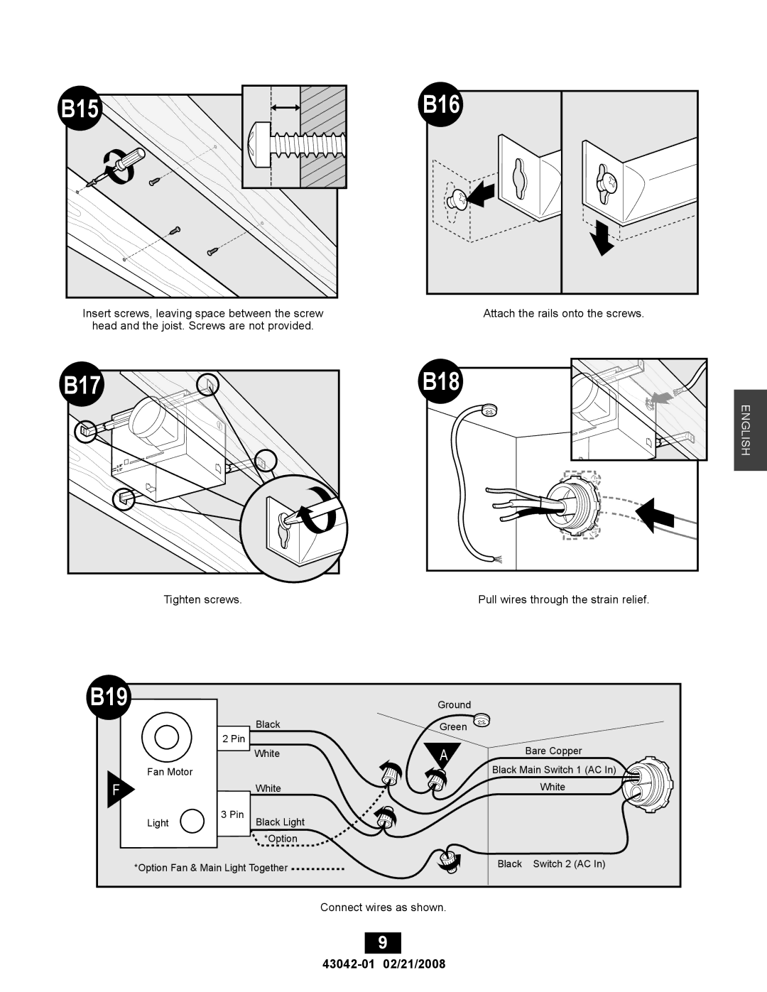 Hunter Fan 43042-01, 82048 manual B15, B17 B16, B18, B19 