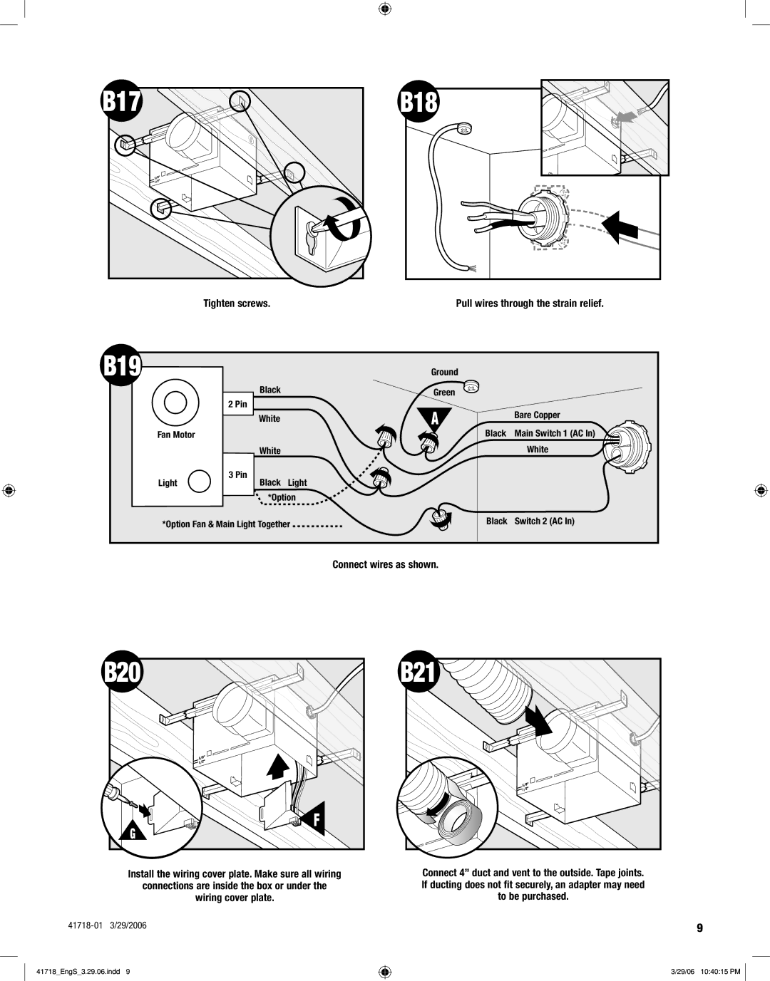 Hunter Fan 90052, 90058, 90053, 90054 manual B17, B19, B20, B21 