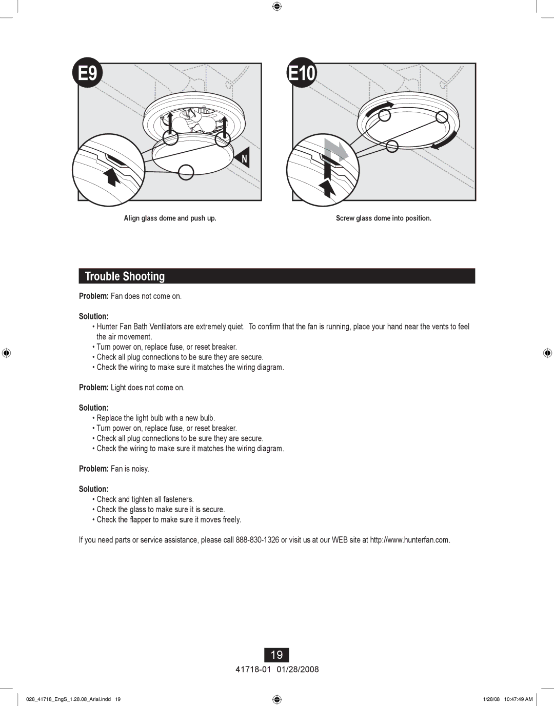 Hunter Fan 90052, 90058, 90054 manual E10, Trouble Shooting 