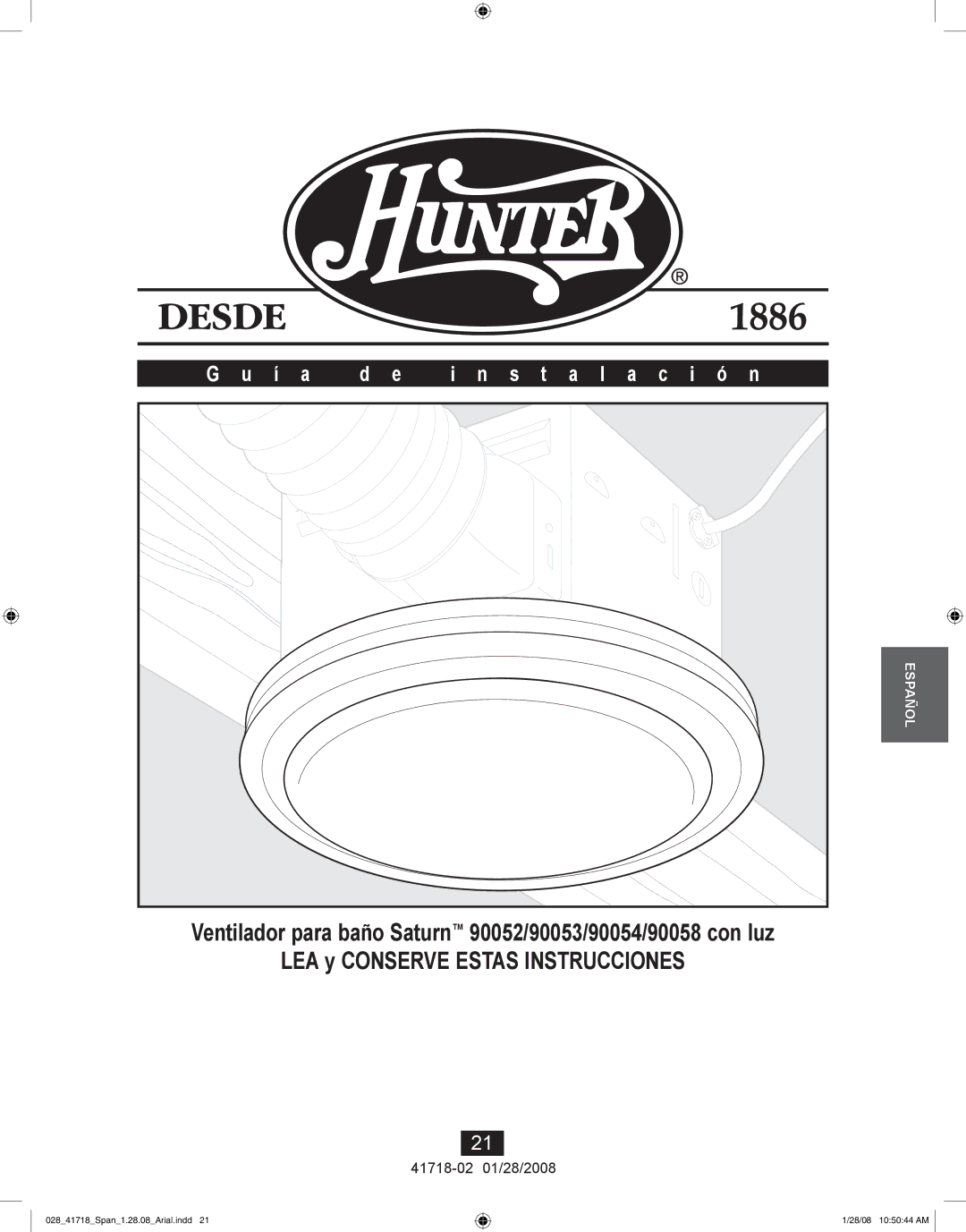 Hunter Fan 90058, 90052, 90054 manual Í a S t a l a c i ó n 