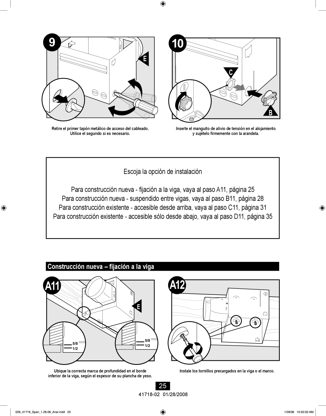 Hunter Fan 90052, 90058, 90054 manual A11, Construcción nueva fijación a la viga 