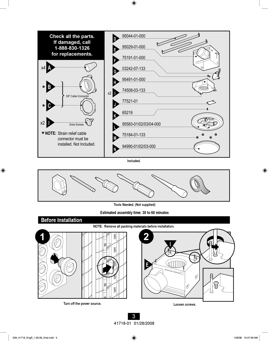 Hunter Fan 90058, 90052, 90054 manual Before Installation, For replacements 