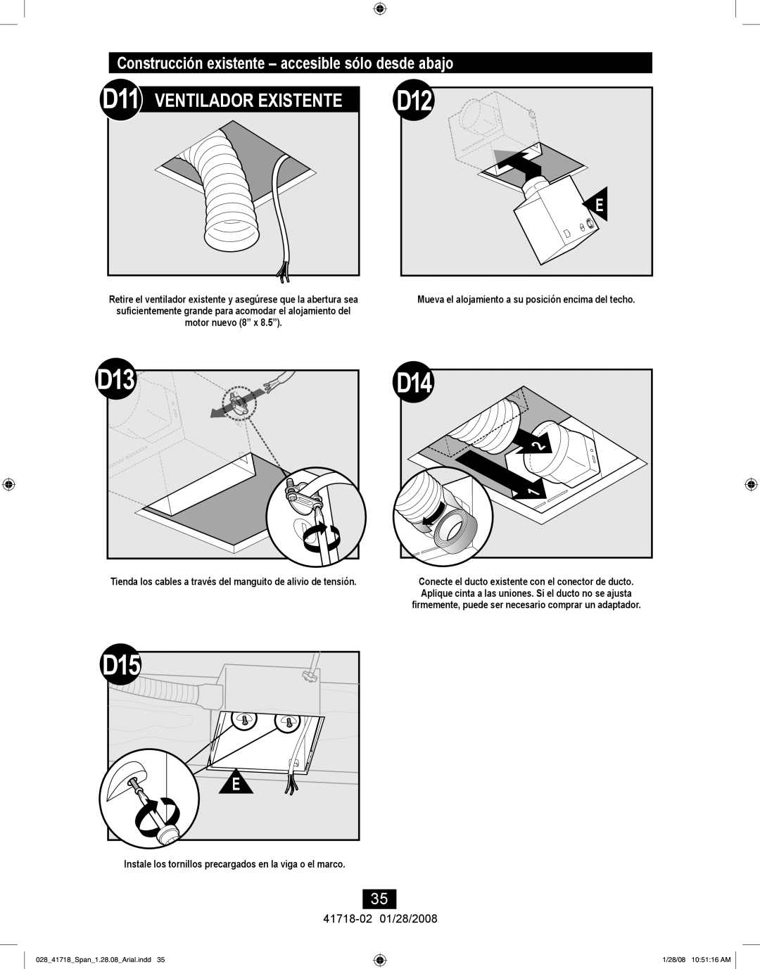 Hunter Fan 90054, 90058, 90052 manual D12, Construcción existente accesible sólo desde abajo 