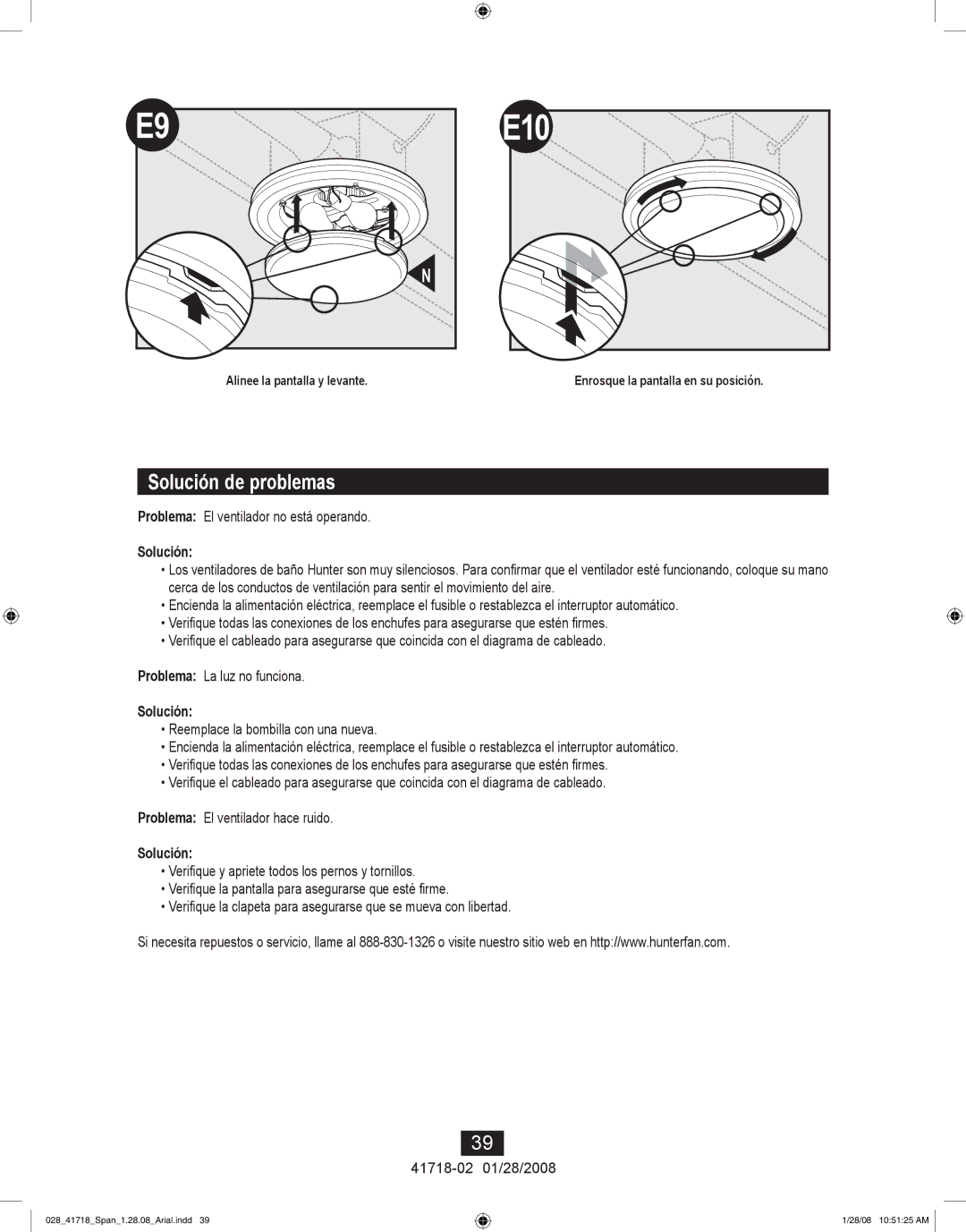 Hunter Fan 90058, 90052, 90054 manual Solución de problemas 
