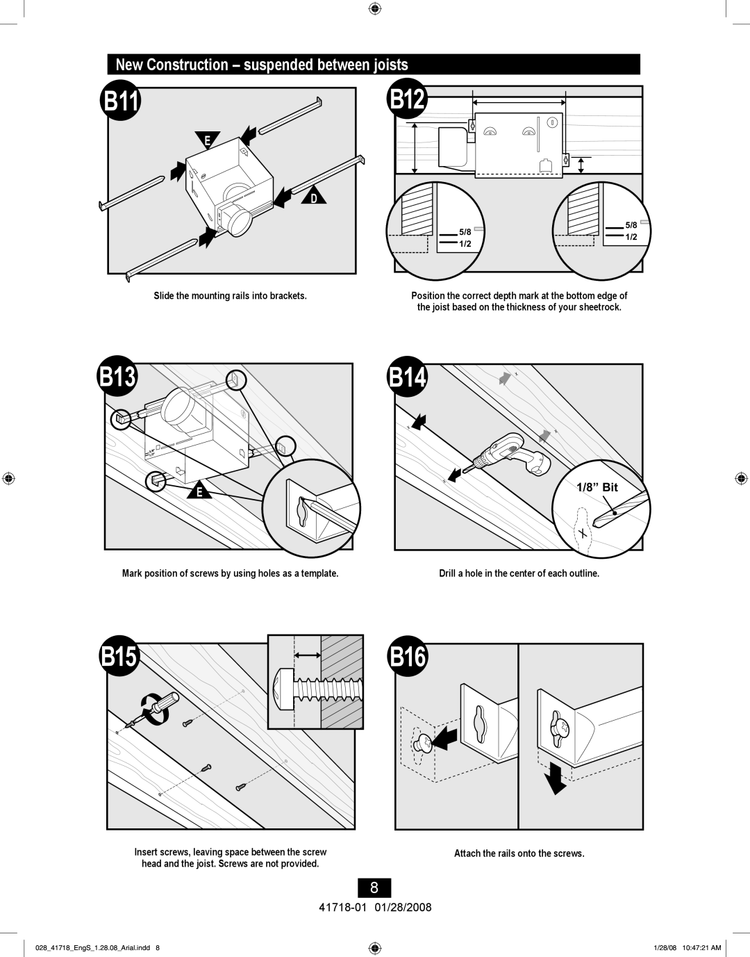 Hunter Fan 90054, 90058, 90052 manual B11, B13, B15, New Construction suspended between joists 