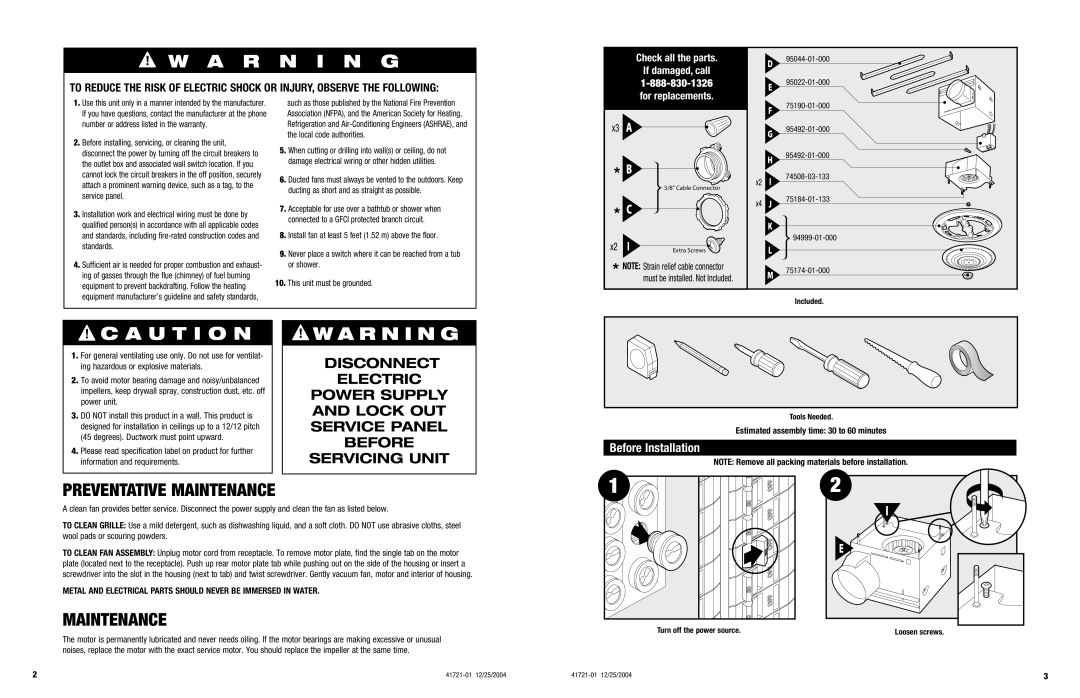 Hunter Fan 90061 warranty R N I N G, Before Installation 