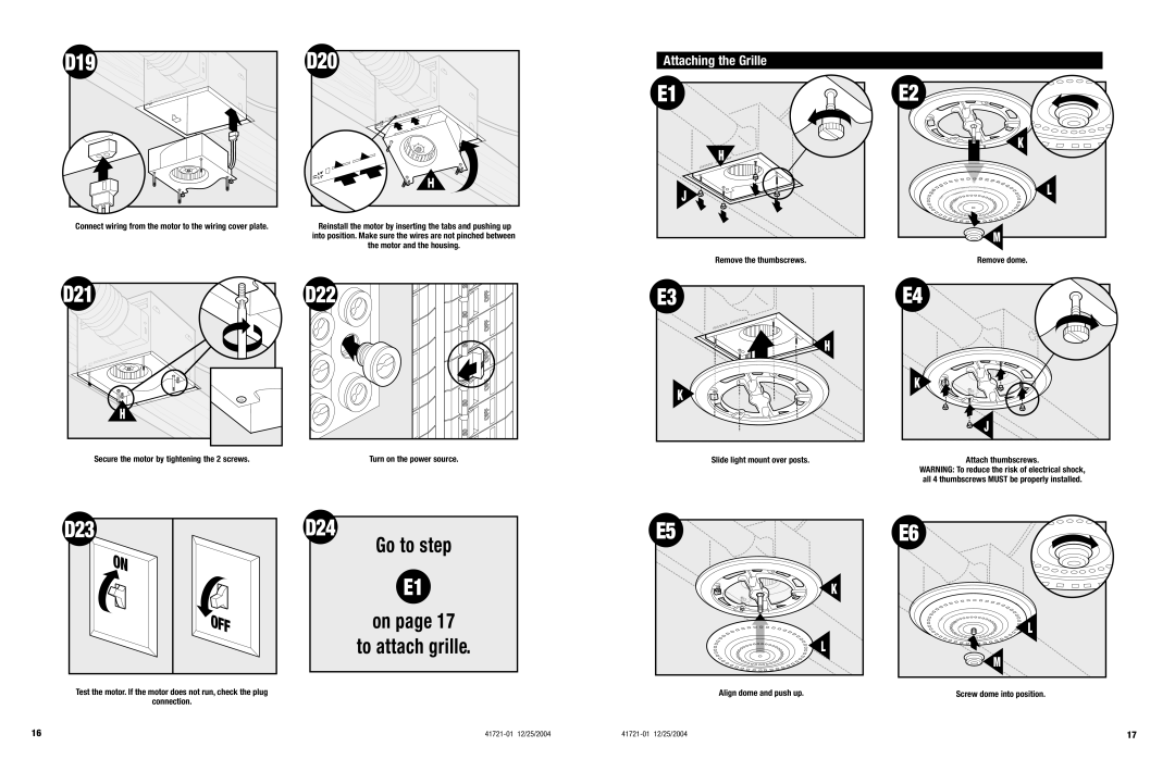 Hunter Fan 90061 warranty D19 D20, D21 D22, D23 D24, Attaching the Grille 