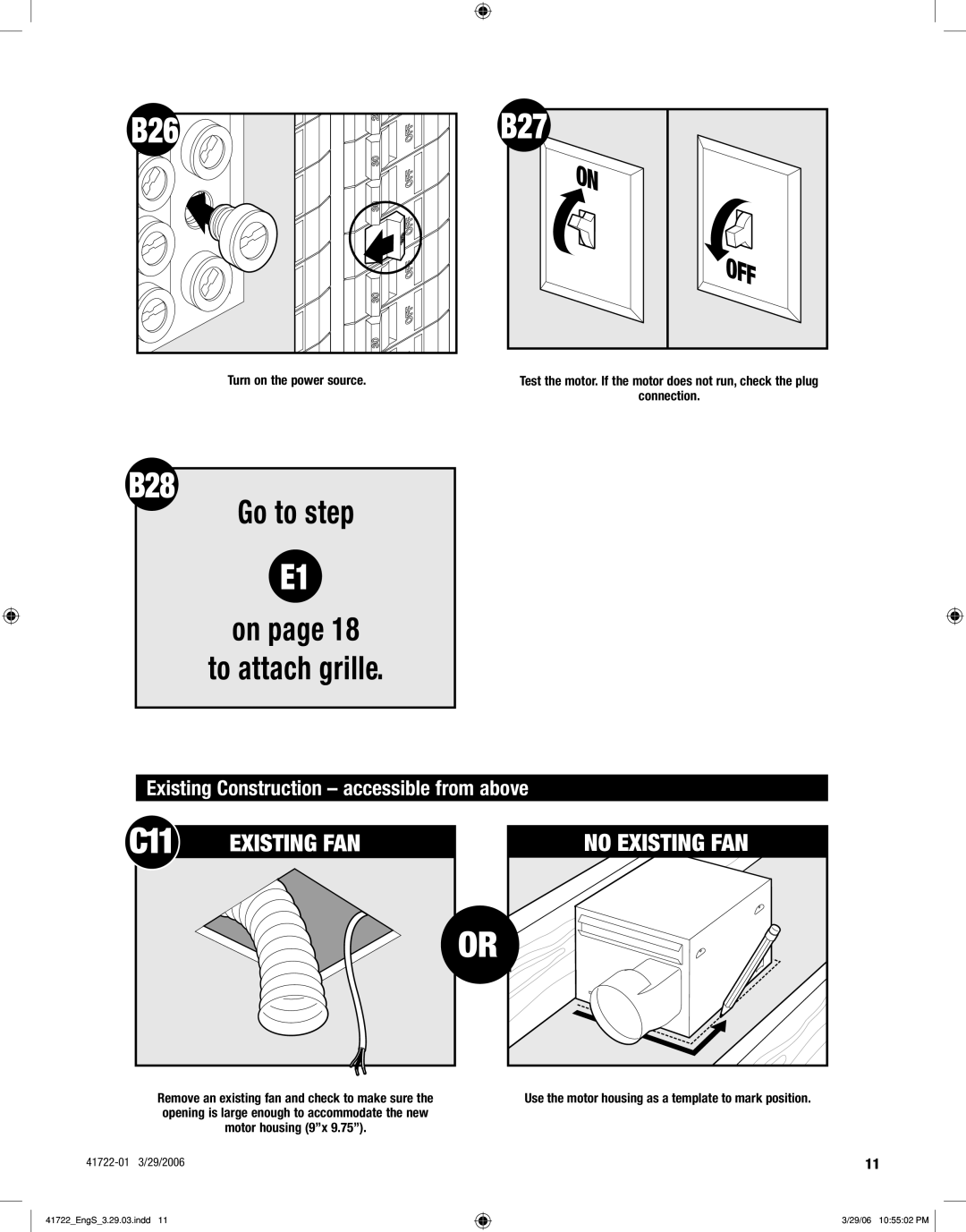 Hunter Fan 90064, 90063 manual B27, B28, C11, Existing Construction accessible from above 