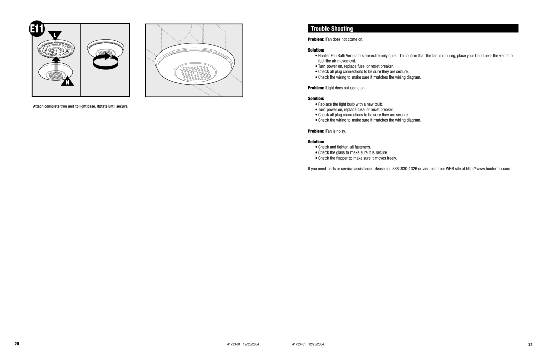 Hunter Fan 90067, 90066 warranty E11, Trouble Shooting 