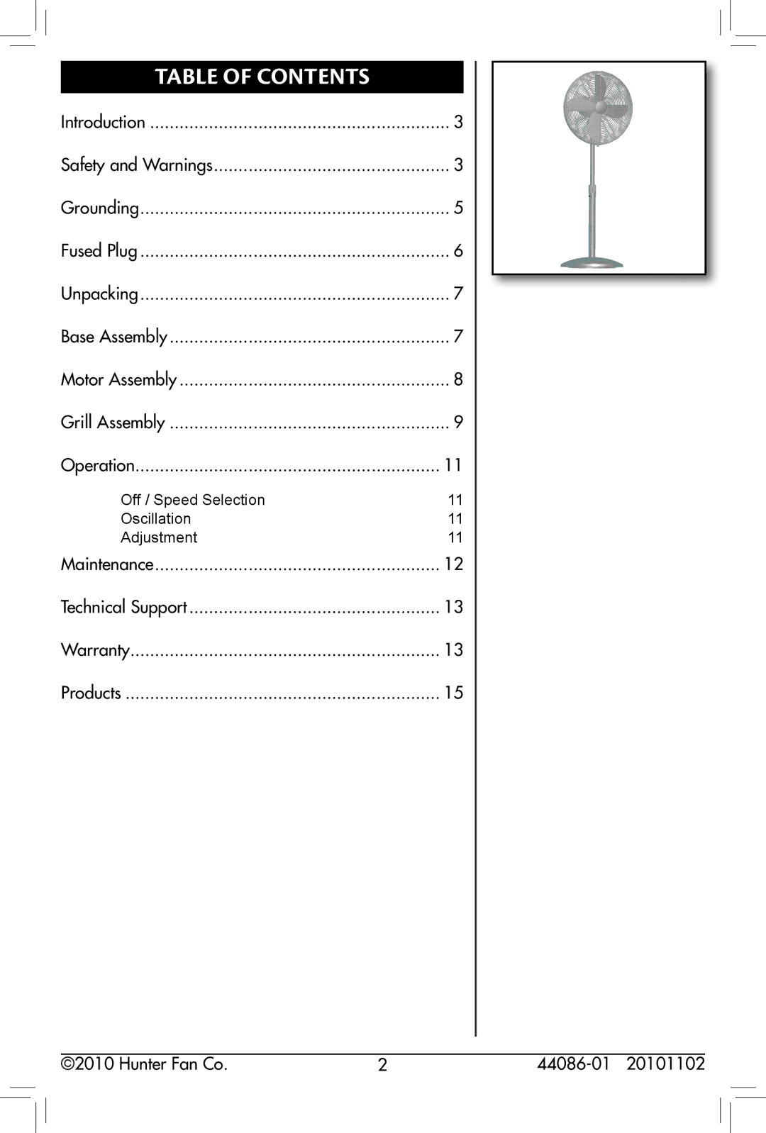 Hunter Fan 90435, 90434 owner manual Table of Contents 