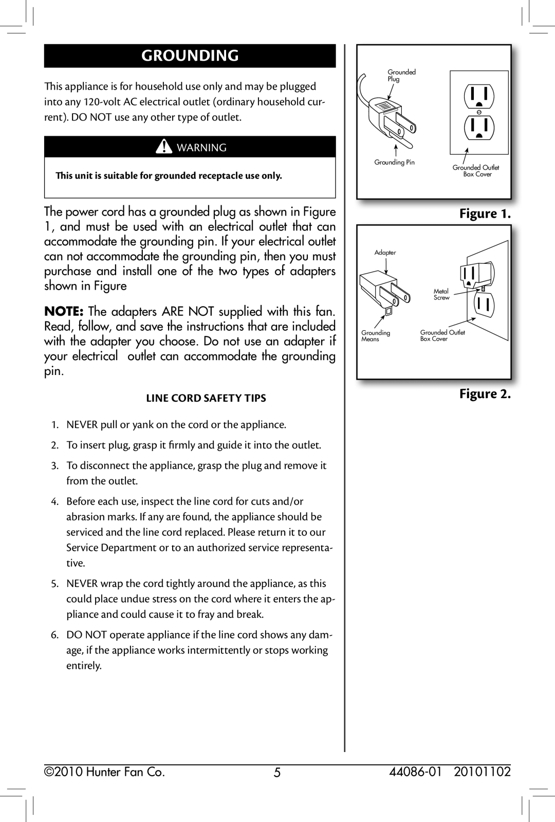 Hunter Fan 90434, 90435 owner manual Grounding, Line Cord Safety Tips 