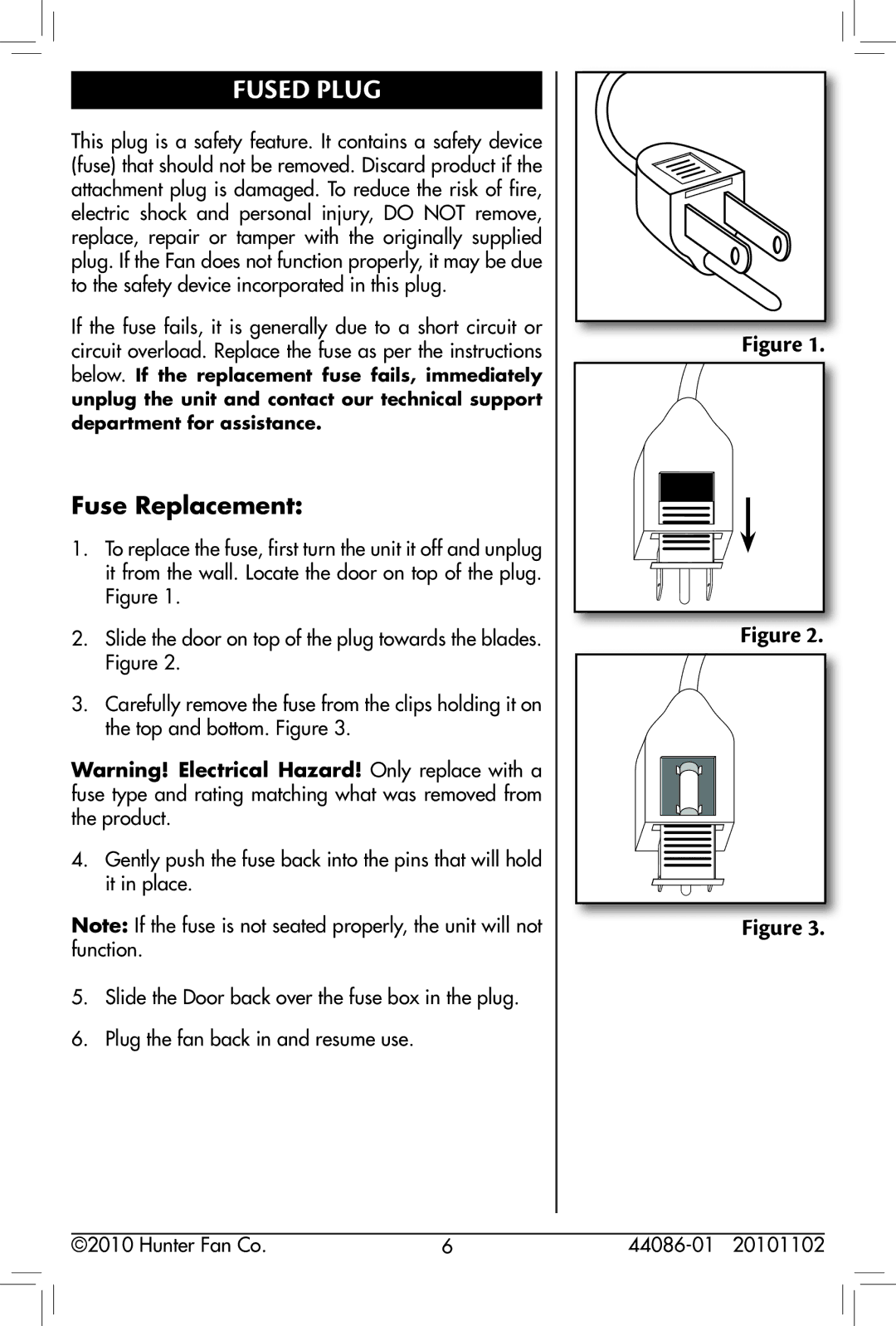 Hunter Fan 90435, 90434 owner manual Fused Plug, Fuse Replacement 