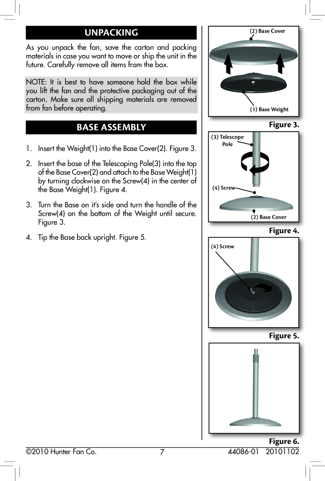 Hunter Fan 90434, 90435 owner manual Unpacking, Base Assembly 