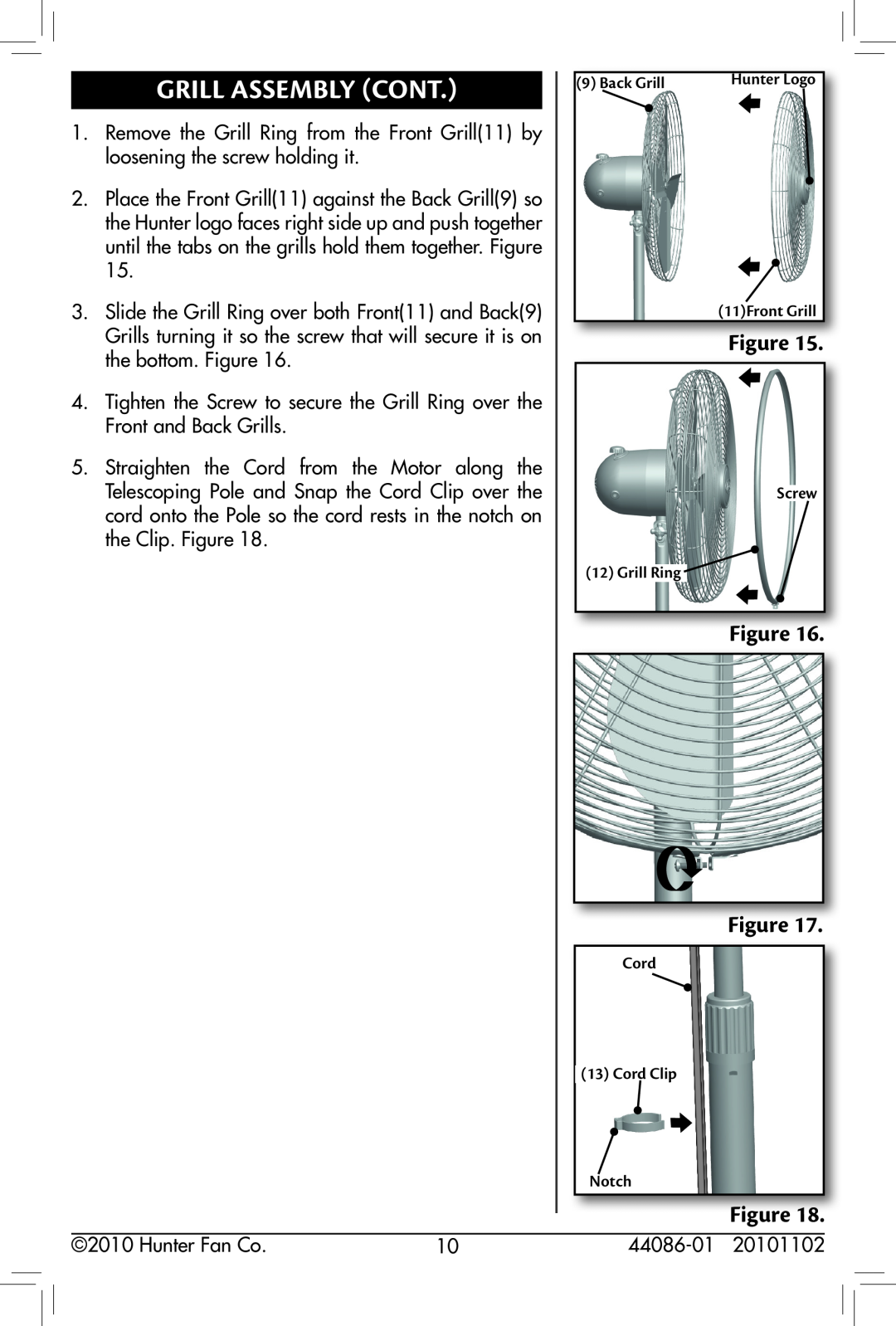 Hunter Fan 90435, 90434 owner manual Grill Assembly Cont, Figure Figure 