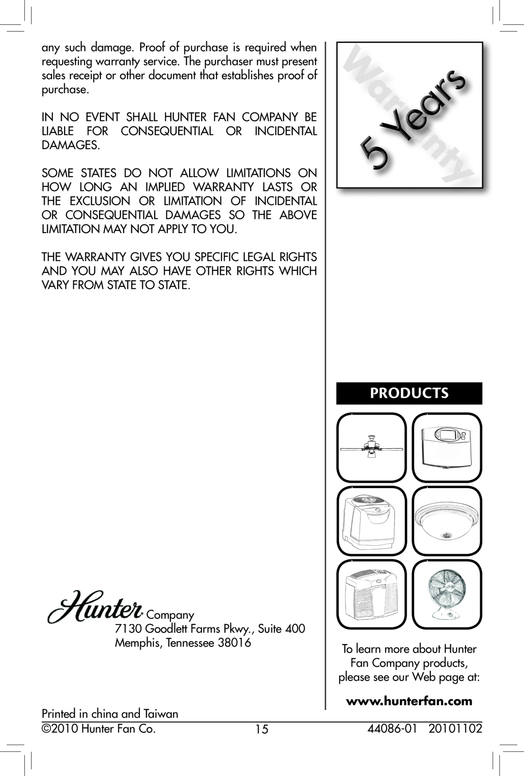 Hunter Fan 90434, 90435 owner manual Products 