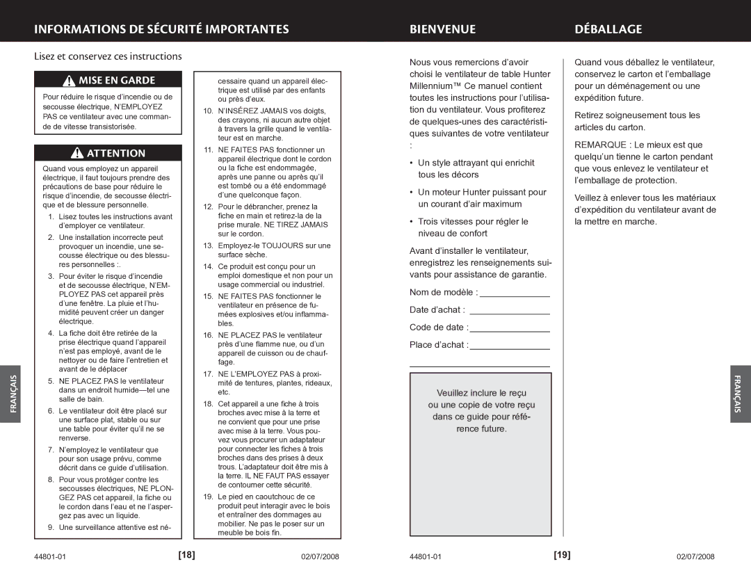 Hunter Fan 9103x, 9701x manual Informations DE Sécurité Importantes Bienvenuedéballage, Mise en Garde 