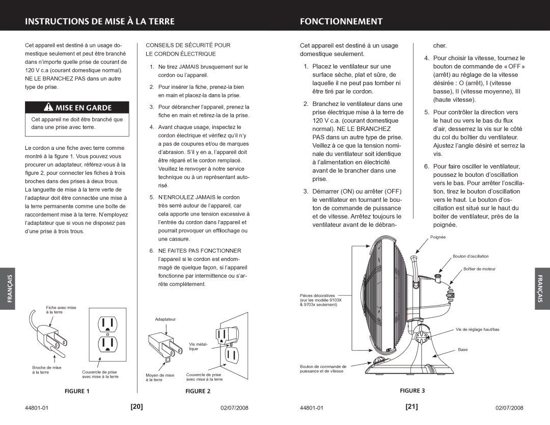 Hunter Fan 9701x Instructions DE Mise À LA Terre Fonctionnement, Cet appareil est destiné à un usage domestique seulement 